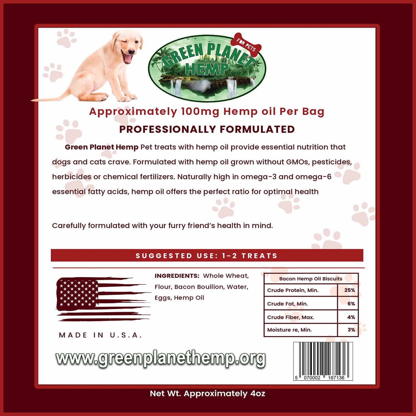 Green Planet Hemp Dog Treats | Bacon 100mg of Hemp Per Bag | 100% Natural and Non GMO | Offers Your Pet Hip, Joint, and Muscle Support | Aids with Anxiety,Stress, and Pain