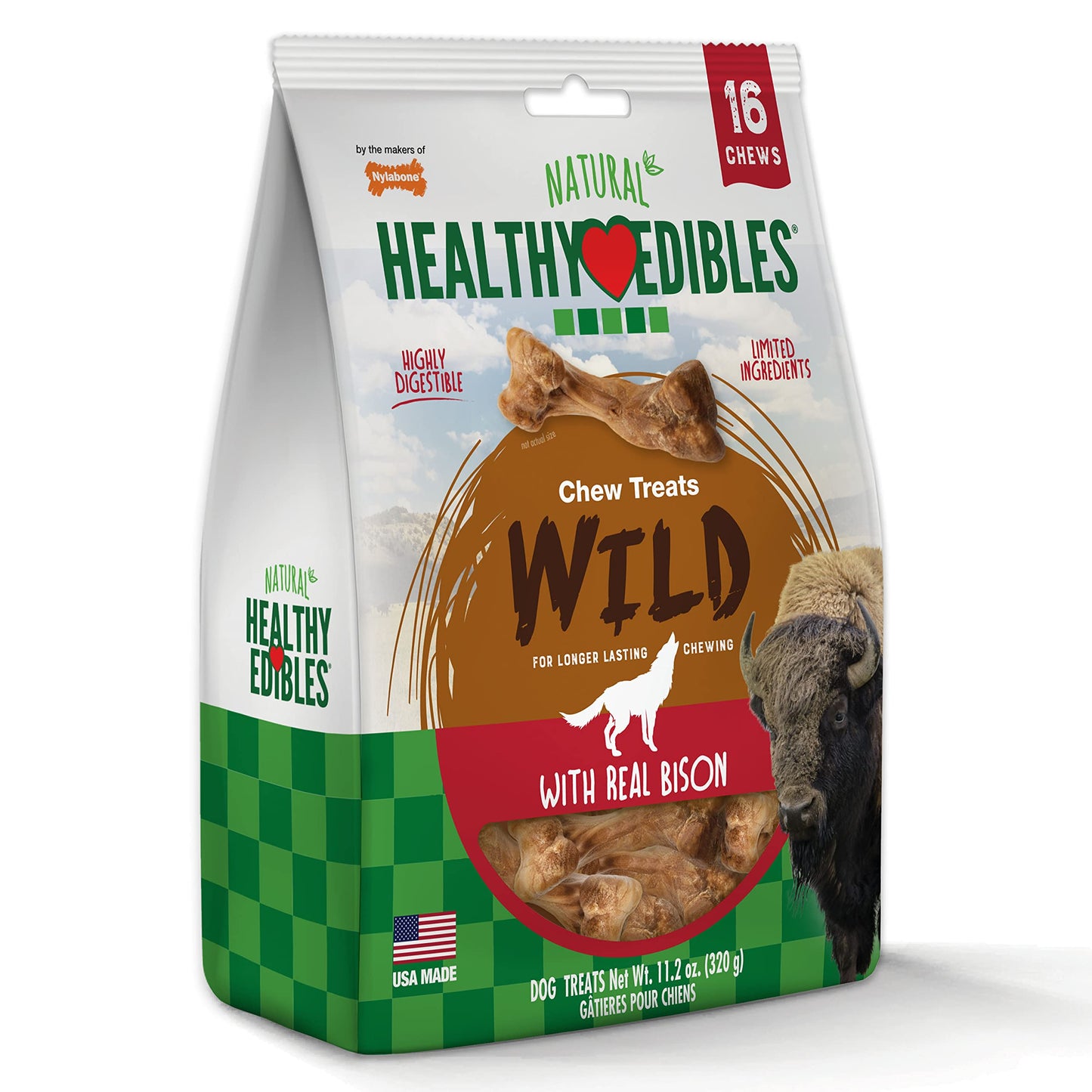 Nylabone Healthy Edibles WILD Natural Dog Chew Treats for Small Dogs, Long Lasting Dog Chew Bones Made in USA, Bison Flavor, For Dogs Up to 25 lbs. (16 Count)