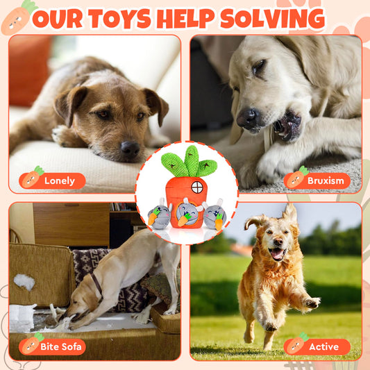 Hide and Seek Squeaky Dog Plush Toy Carrot and Bunny Set, 4 Pack Dog Puzzle Toys for Training and Cleaning, Interactive Tough Dog Toy for Small Medium Dogs