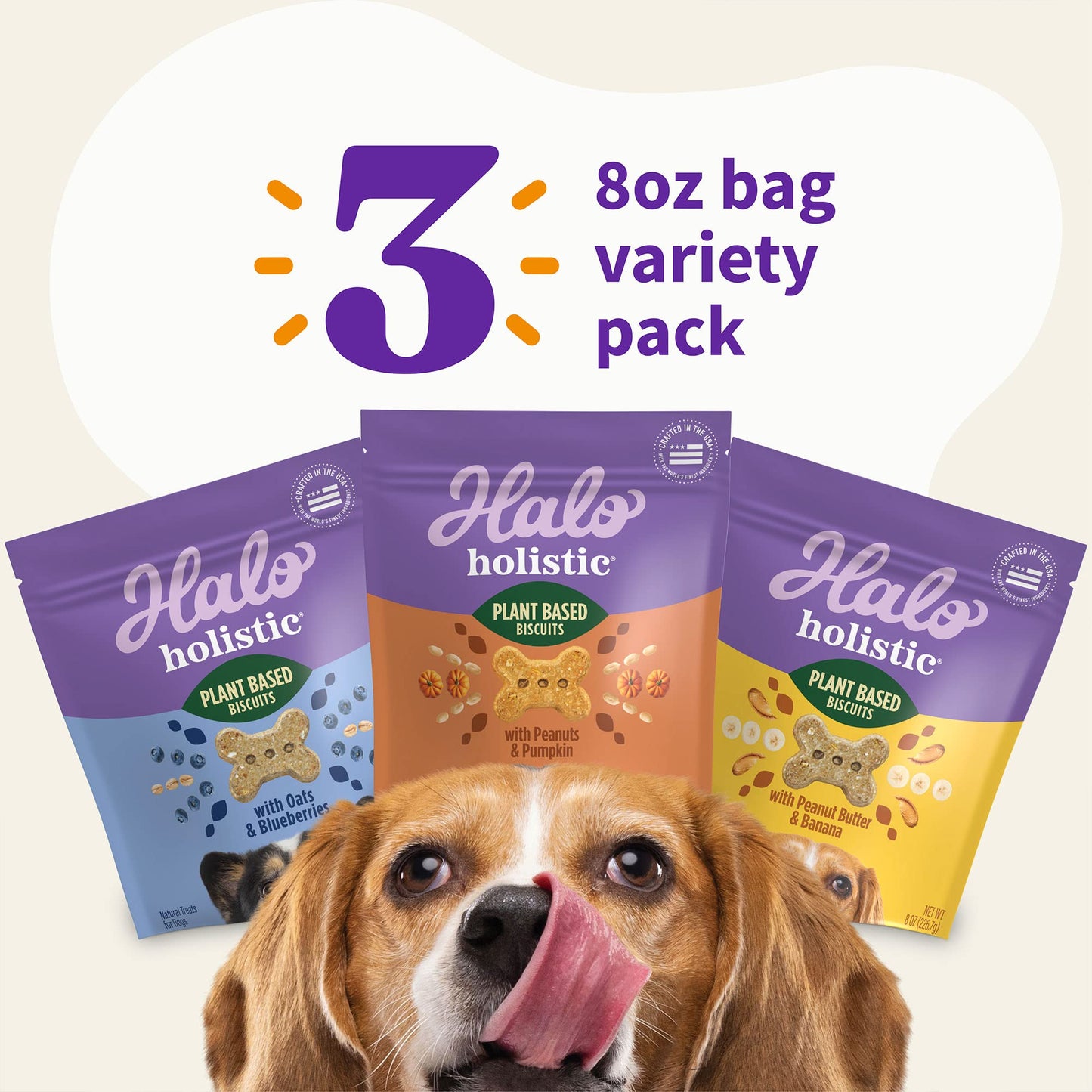 Halo Holistic Vegan Dog Treats Variety Pack, Plant-Based Three Bag Treat Pack with Oats & Blueberries, Peanut Butter & Banana, Peanuts & Pumpkin, 8 Oz Bag(Pack of 3)