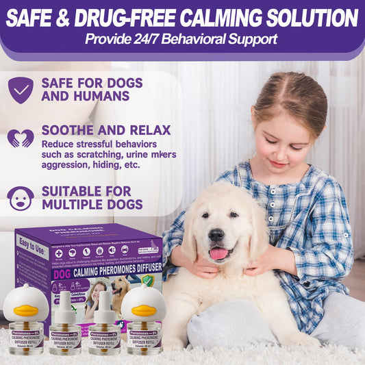 Dog Calming Pheromones Diffuser 6 in 1 Kit Appeasing Pheromone Diffuser to Calm (2 Plug in+4 Pack 48ml Refill) for Anxiety Relief Reduce Aggression Fighting Barking Stress 120 Day Supply (Purple)