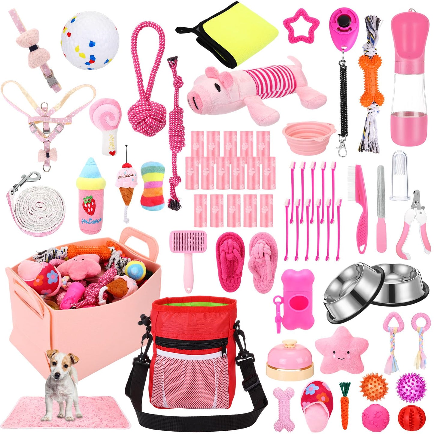 PullCrease 65 Pcs Puppy Supplies Starter Kit Small Dog Essentials Includes Dog Leash, Toys, Bowl, Brushes, Water Bottles, pet Blankets Puppy Accessories for New Welcome Gift Supplies(Cute,Pink)