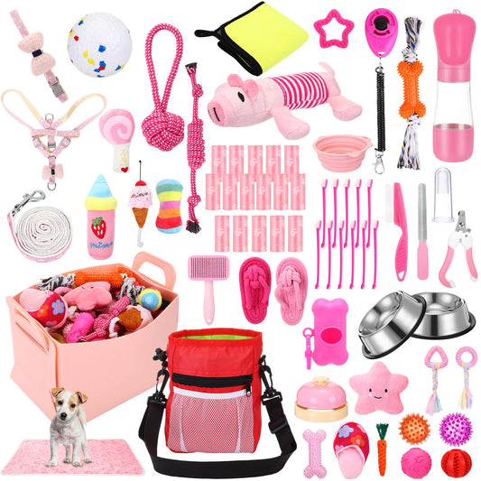 PullCrease 65 Pcs Puppy Supplies Starter Kit Small Dog Essentials Includes Dog Leash, Toys, Bowl, Brushes, Water Bottles, pet Blankets Puppy Accessories for New Welcome Gift Supplies(Cute,Pink)