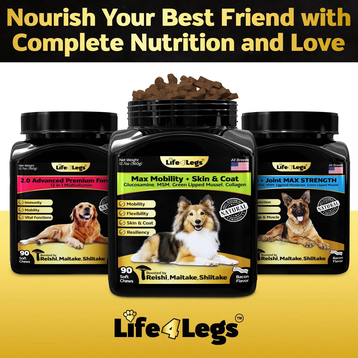 Life4Legs - Hip and Joint Chews for Dogs + Skin and Coat Supplement - Dog Joint Pain Relief Treats - Glucosamine, Chondroitin, MSM, Hemp Oil, Turmeric, Omega 3 for Dogs, Mobility Dog Health Supplies