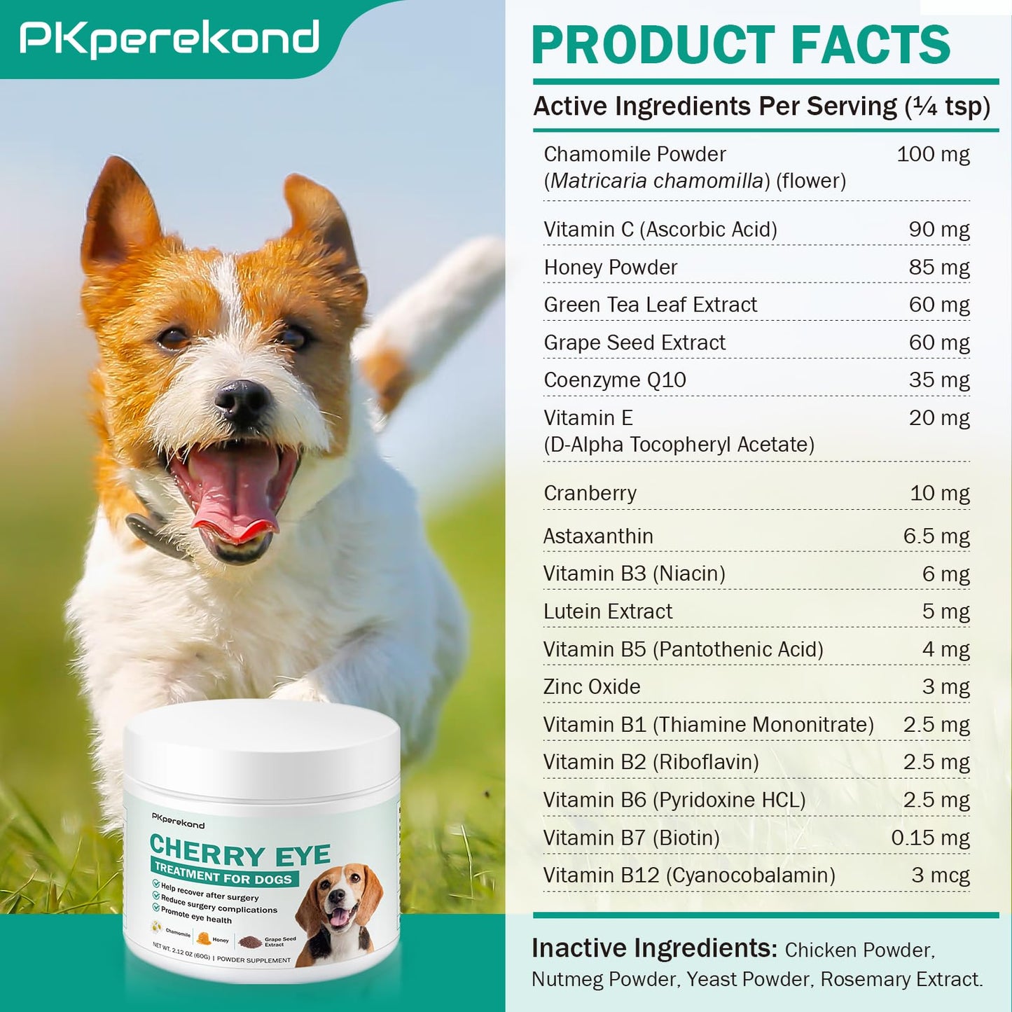 Cherry Eye Treatment for Dogs, Dog Eye Supplements for Recovery After Surgery, Reduces Redness and Swelling, Enhances Immunity, Improve Eye Health with Chamomile, Honey Powder, Grape Seed Extract