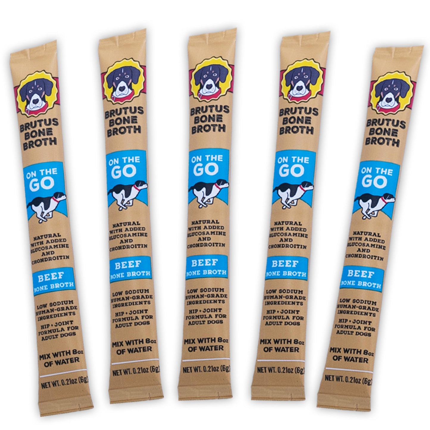 Brutus Bone Broth for Dogs - Bone Broth Powder with Chondroitin Glucosamine & Turmeric - Human Grade Food Toppers for Dry Food & Picky Eaters - 5 Stick (Beef)