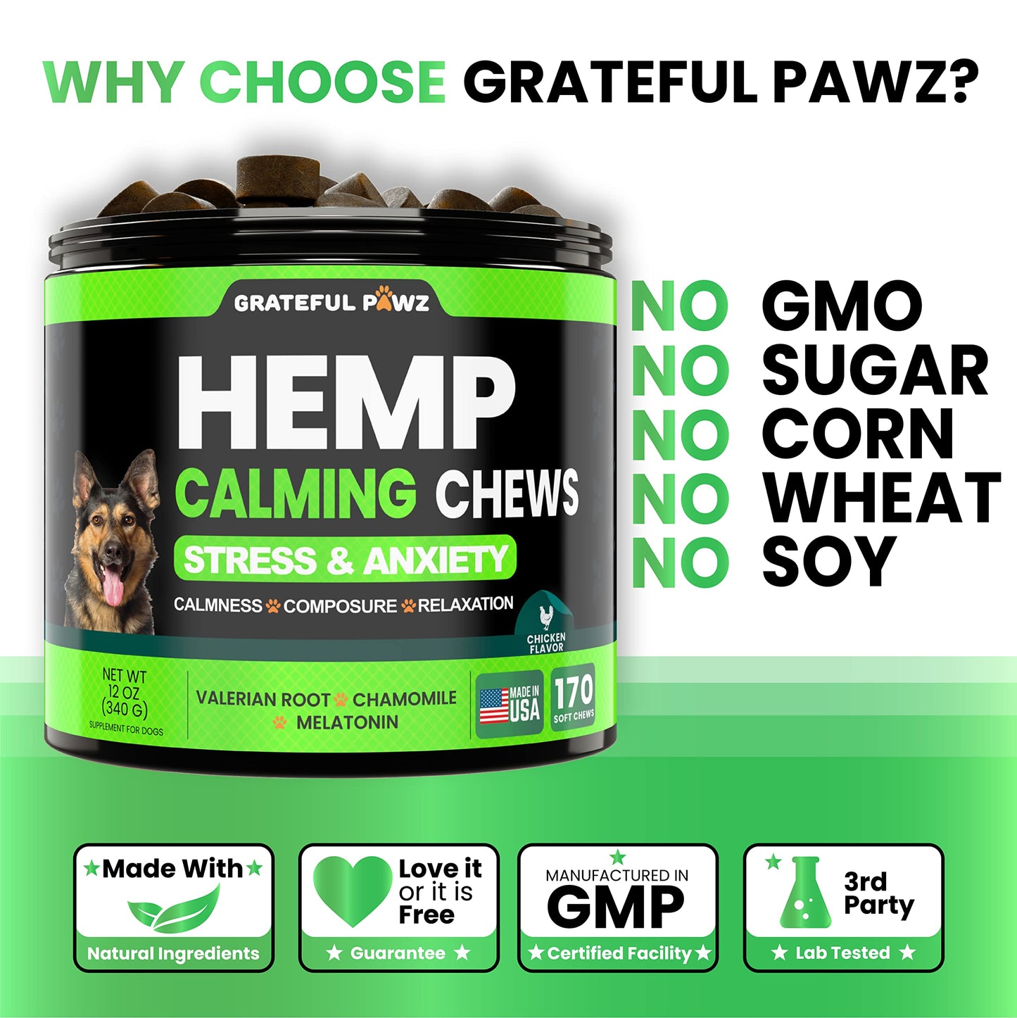 Grateful Pawz Hemp Calming Chews for Dogs - Dog Calming Chews - 170 Anxiety Relief Treats with Hemp Oil - Sleep Aid - Advanced Health Joint Support Supplement - Health & Wellness