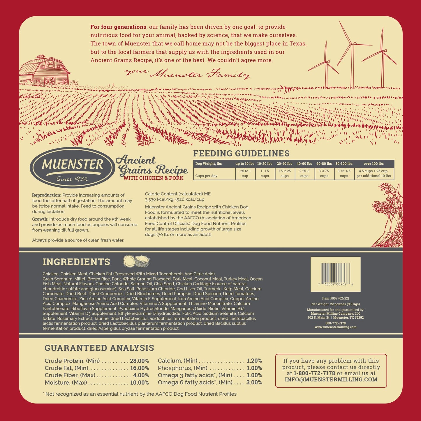 Muenster Ancient Grains Chicken & Pork Dry Dog Food, 22lb - Gluten-Free, High Protein, Digestive Support