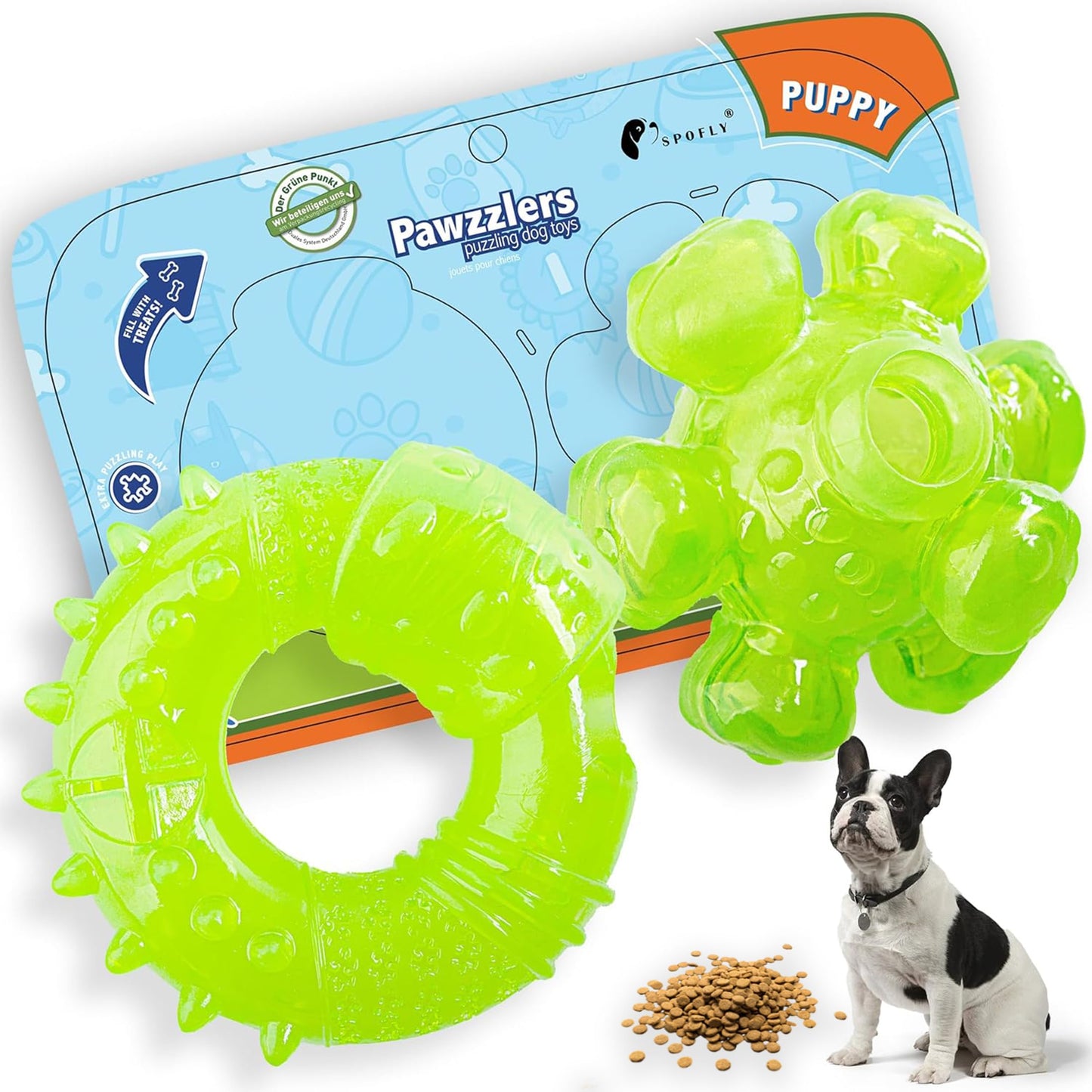 SPOFLY Puppy Chew Toys for Teething, Non-Toxic Durable, Interactive Teething Rings & Bouncing Ball - Boredom-Busting, Brain-Stimulating Puzzle Toy, Enrichment Treat Dispensing - Bright Green