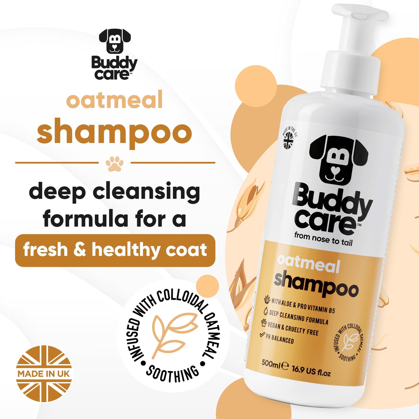 Buddycare Oatmeal Dog Shampoo for Smelly Dogs (16.90oz) - Hypoallergenic & Itch Relief Formula, Gentle on Sensitive Skin, Includes Dog Shampoo and Conditioner - Essential Dog Grooming Supplies