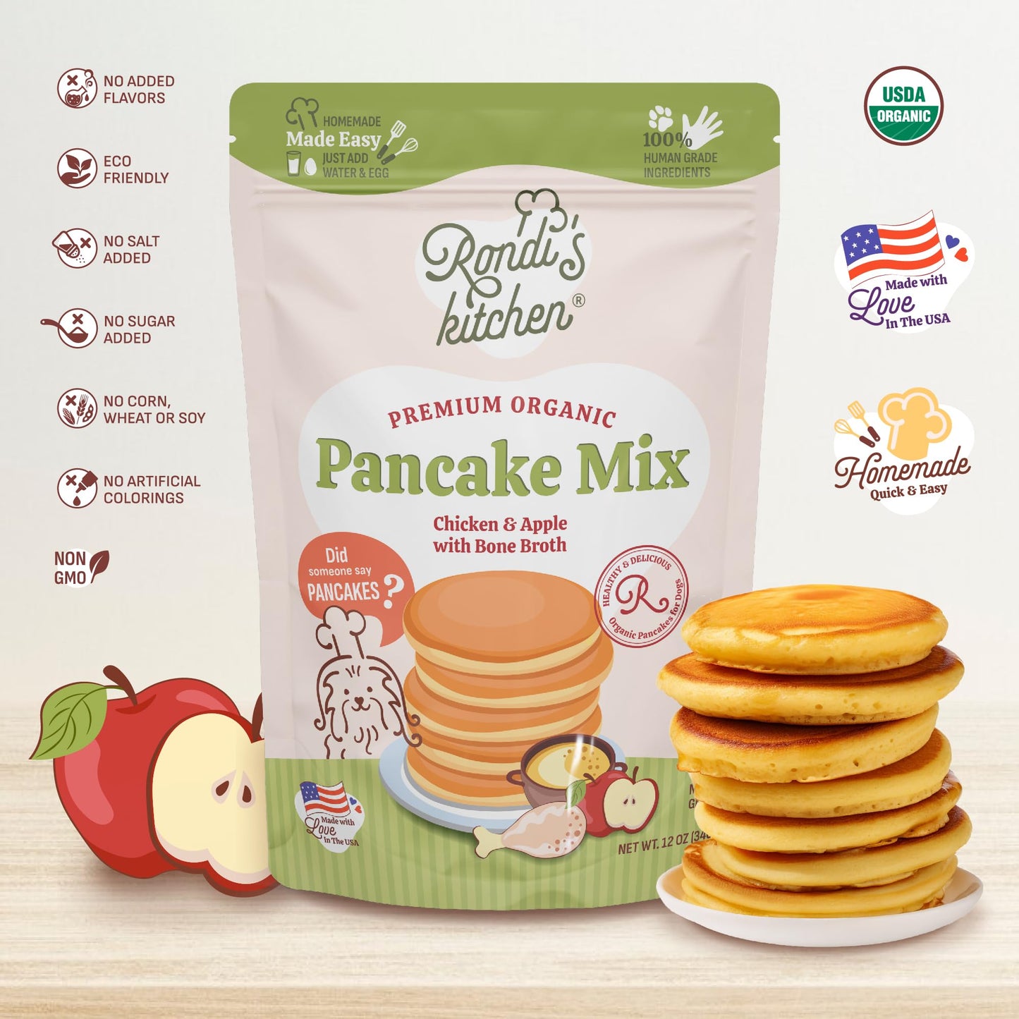 Rondi's Kitchen Pancake Mix for Dogs - Premium All-Natural & Organic Dog Treats, Healthy Dog Snacks for All Ages & Sizes, Made with Human-Grade Ingredients - Chicken & Apple