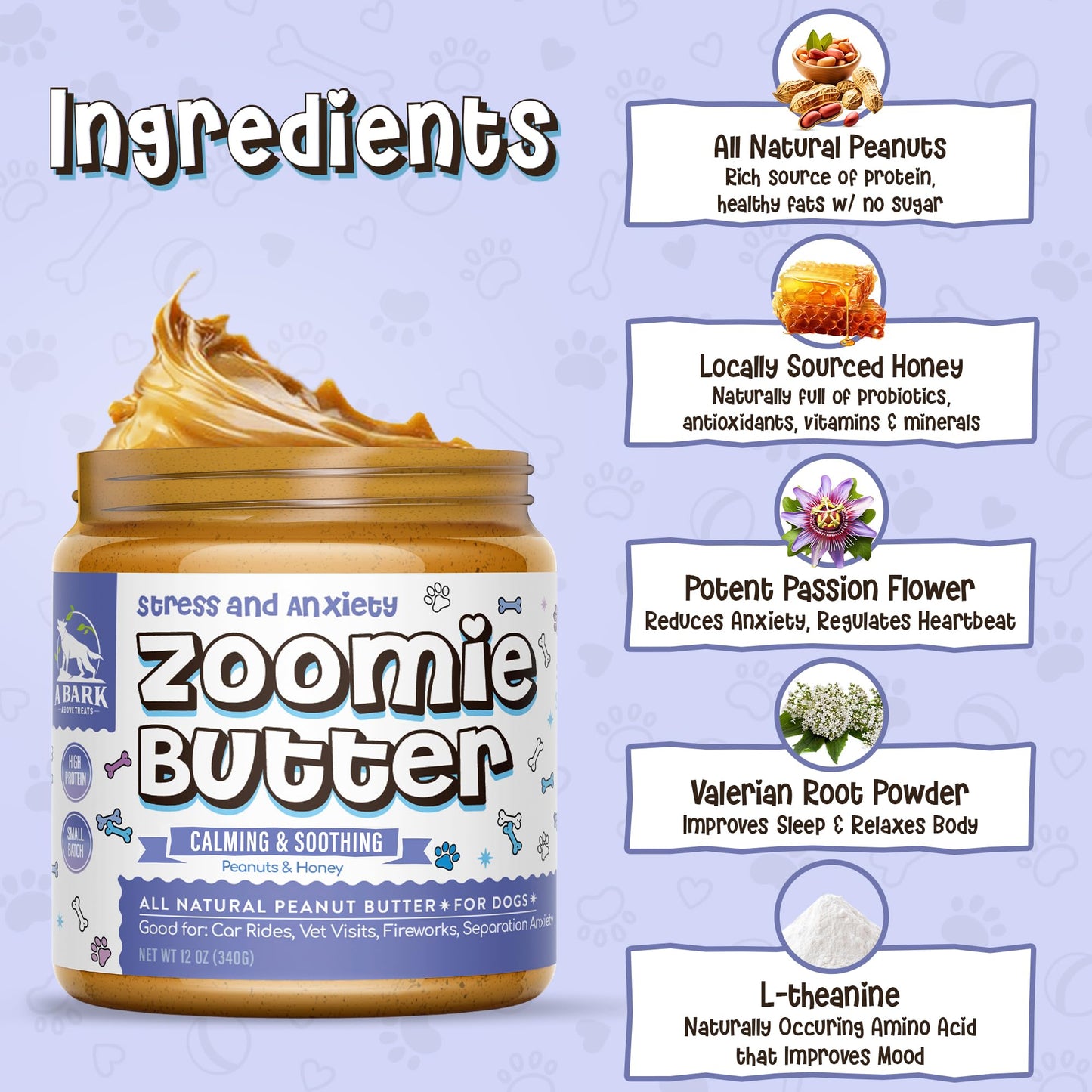 Calming Dog Peanut Butter Spread Supplement, All Natural Dog Treat. Human Grade & Safe Puppy Food, Passion Flower for Separation Anxiety, Behavior Aid, Kong Refill- Stress & Anxiety