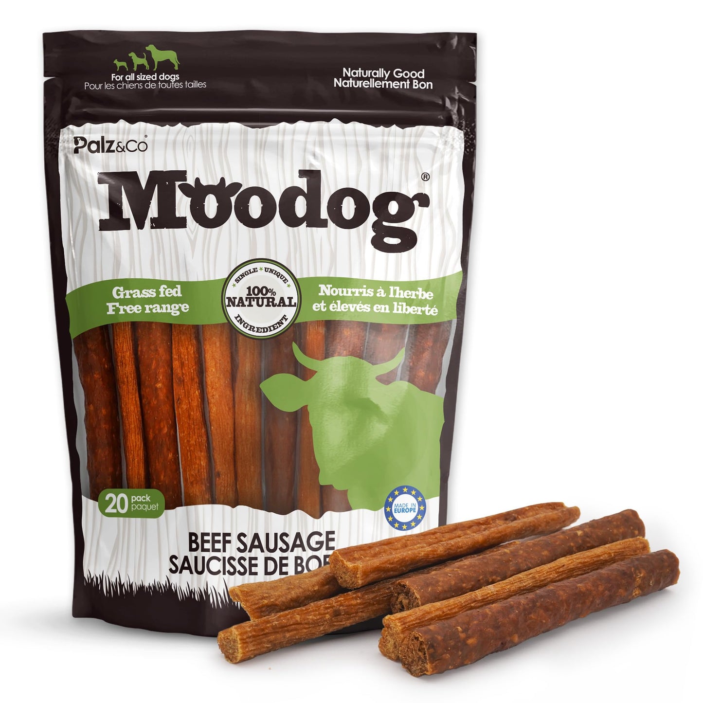 Moodog Beef Sausage Dog Treats - 20 Pack of Soft, All-Natural Grain-Free Chews for Dogs - Supports Dental Health, Joint Care & Stress Relief - No Artificial Additives