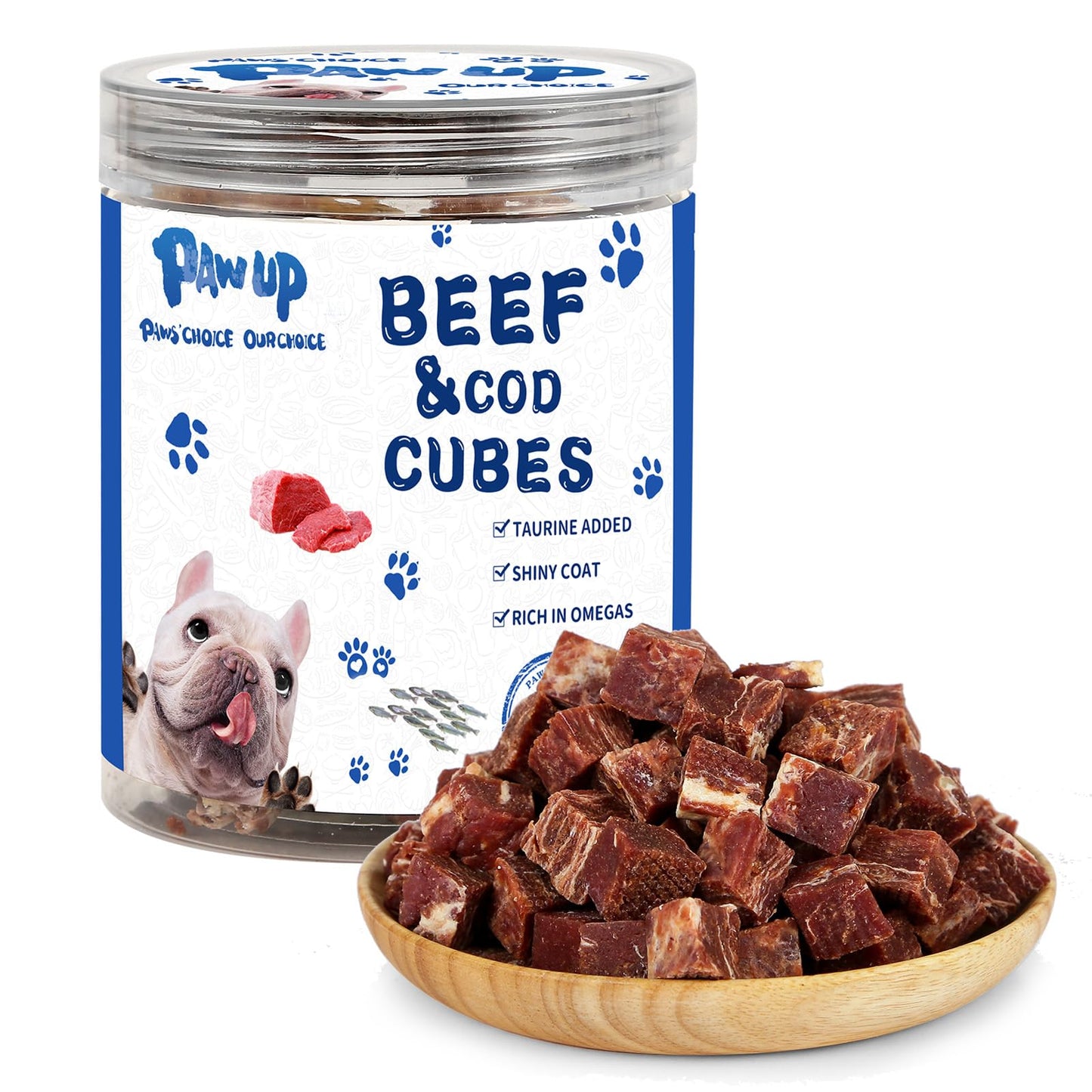 PAWUP Dog Treats Training Rewards, Beef Cod Cubes, 1% Taurine Added, 12.5 oz, Rawhide Free, Grain Free, Low Fat Dog Training Rewards and Snacks, No Additives