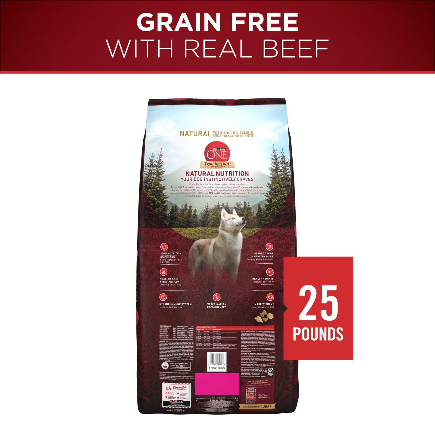Purina ONE Grain Free Natural High Protein Dry Dog Food Formula True Instinct with Real Beef with Added Vitamins, Minerals and Nutrients - 25 lb. Bag