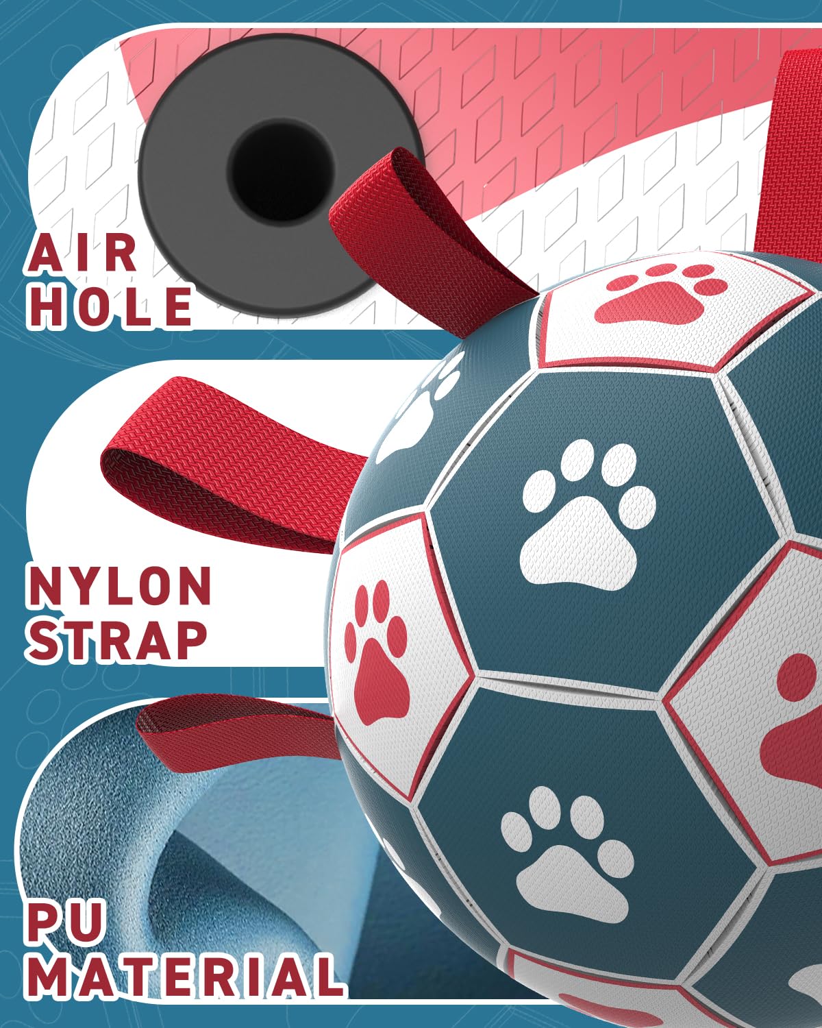 QDAN Dog Toys Soccer Ball with Straps - Durable Giant Dog Balls, Outdoor & Water Toys, Herding Ball, Birthday Gifts (10 Inch)