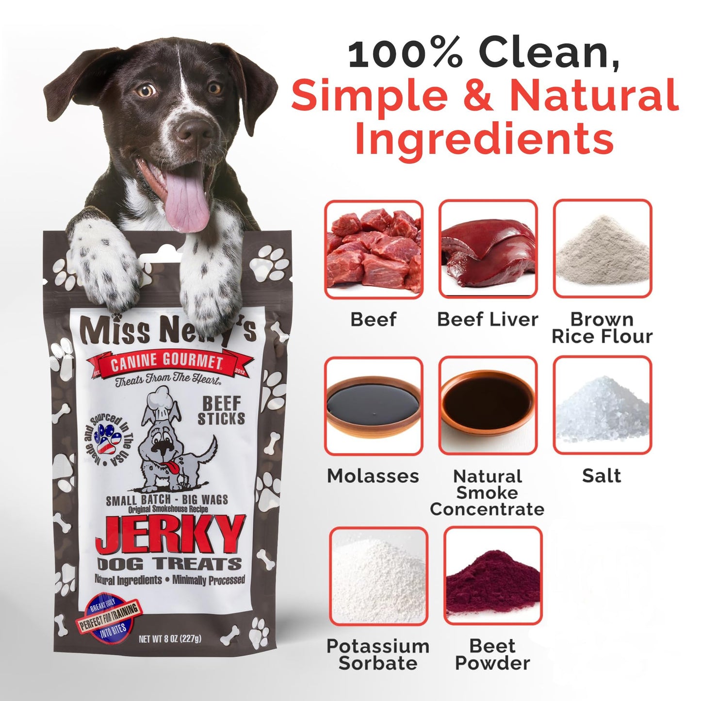 Miss Nelly's -All Natural Beef Jerky Dog Treats - Soft Sticks - USA Made and Sourced - Original Smoke House Recipe - Small Batch Beef Jerky for Dogs - Minimally Processed - 8 oz. Bag