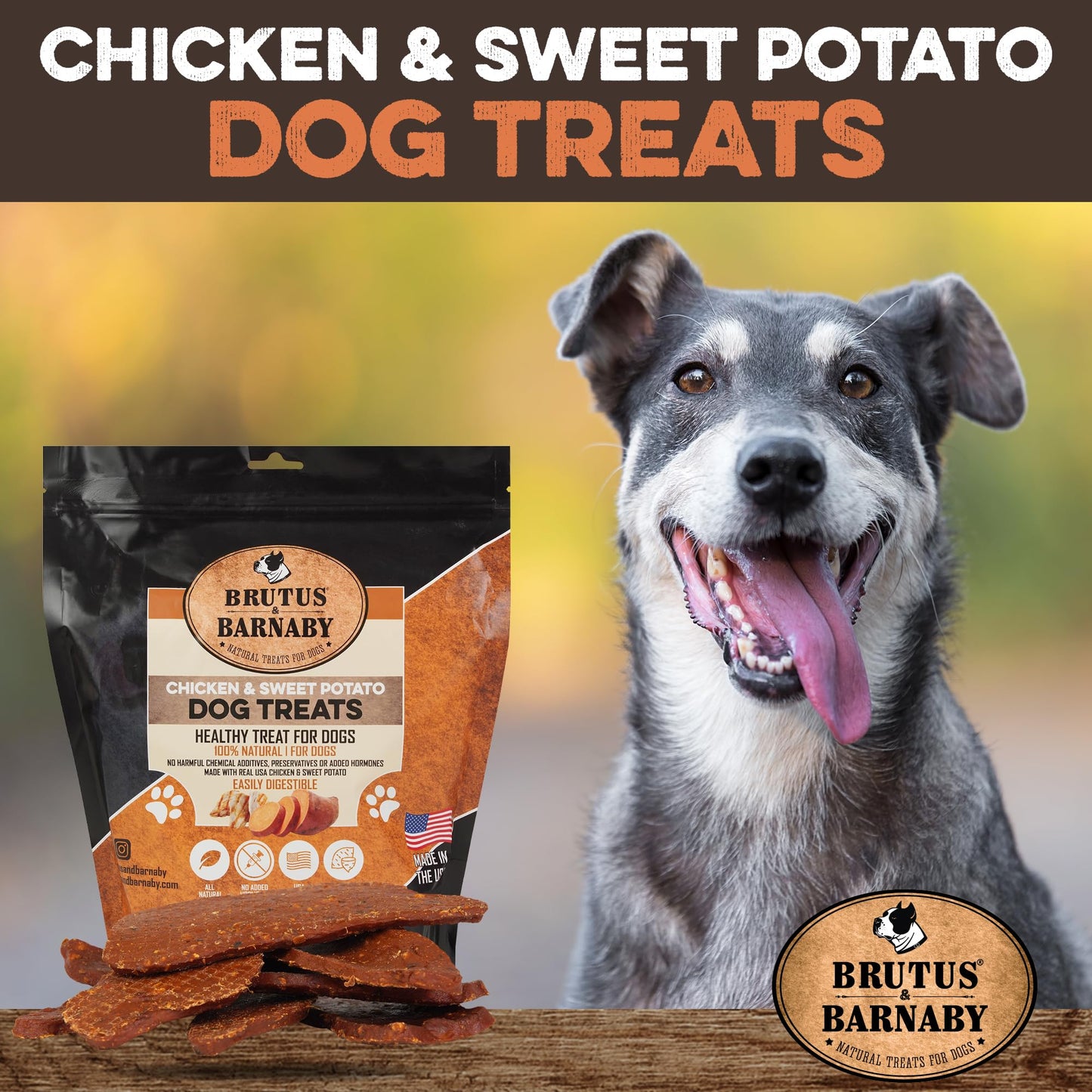 BRUTUS & BARNABY Chicken & Sweet Potato Jerky Dog Treats - Grain-Free, Preservative-Free, No Fillers - All Natural USA Chicken & Sweet Potato, High in Antioxidants - Healthy, Tasty Treat for Dogs