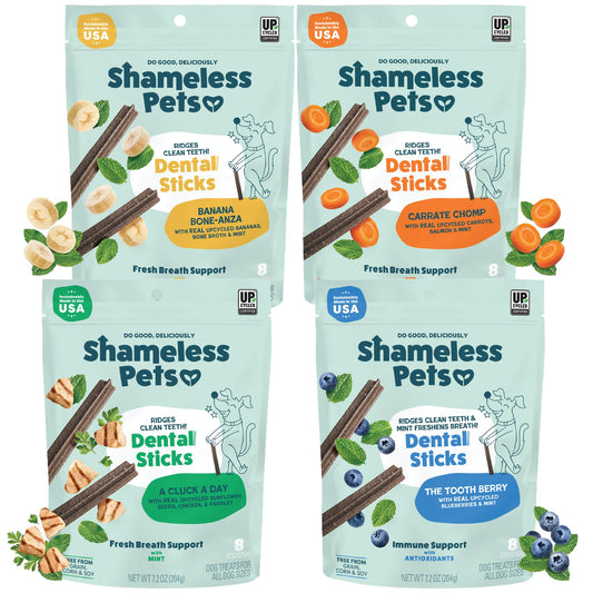 Shameless Pets Dental Treats for Dogs, Variety (4-Pack) - Healthy Sticks for Teeth Cleaning & Fresh Breath - Dog Bones Dental Chews Free from Grain, Corn & Soy