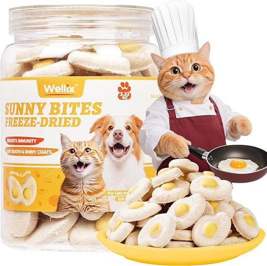 Wellix SunnyBites Freeze Dried Chicken Treats for Cat&Dog -Egg Healthy Cat Treats for Indoor Cats -Supports Immunity Gut Healthy for Training Kitten Snack or Puppy Treat 3.5oz
