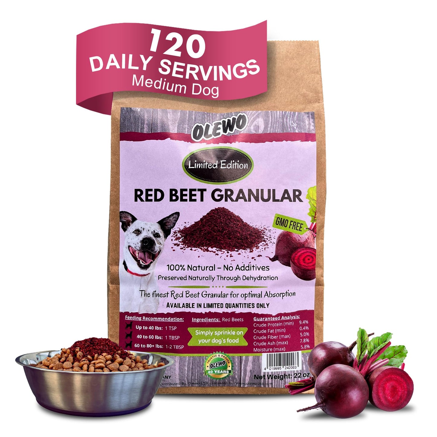 Olewo Red Beets for Dogs Granular – Natural Anti Itch Dog Food Topper, Immune, Cleansing, Skin & Coat Support, Dehydrated Whole Food Multivitamin & Fiber, 22 oz