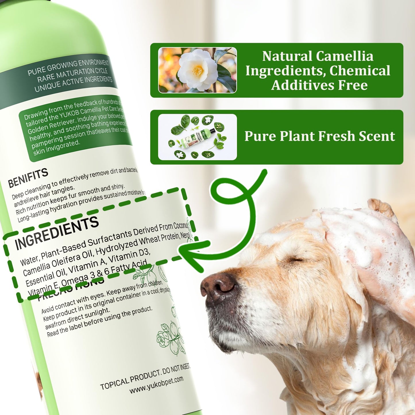 Golden Retriever Shampoo for Sensitive Skin - Natural Camellia Deshedding Pet Shampoo | Allergy & Itch Relief | Reduce Shedding & Odor Control for Smelly Dogs | Botanical Scent |16 oz