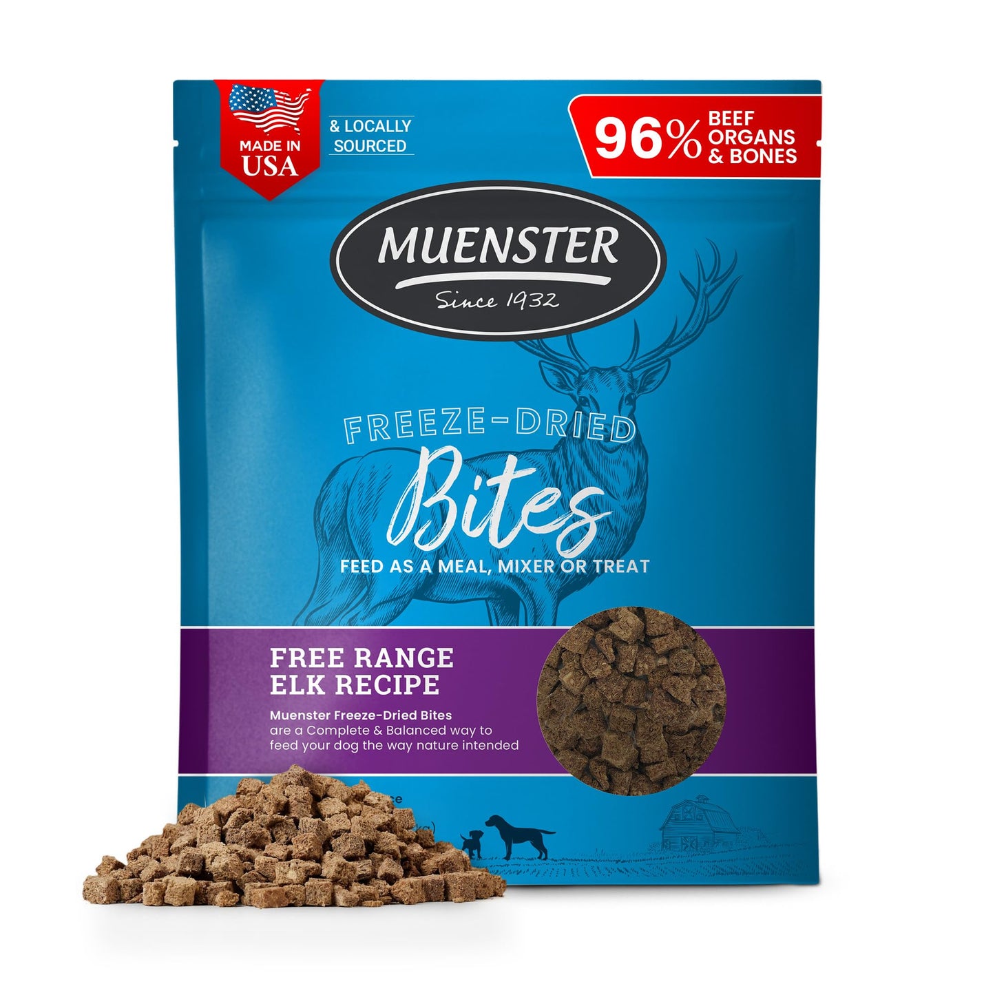 Muenster Freeze Dried Elk Bites - Dog Food, Treat, Mixer or Topper (16oz) - Grain-Free