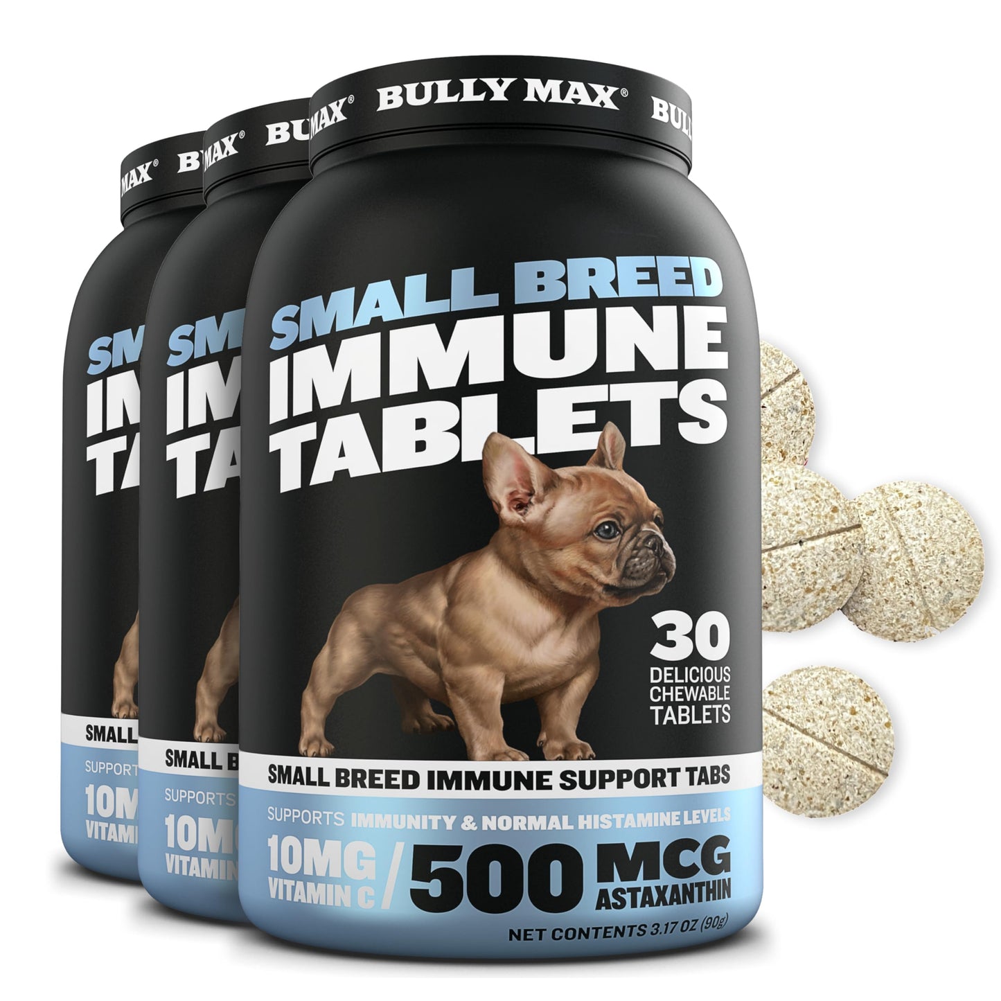 Bully Max Small Breed Dog Immune Support Tablets - Chewable Multivitamin Immunity Booster Supplement for Puppy & Adult Dogs - Pet Vitamins with Astaxanthin, Colostrum, Turmeric - 30 Tabs (3 Bottles)