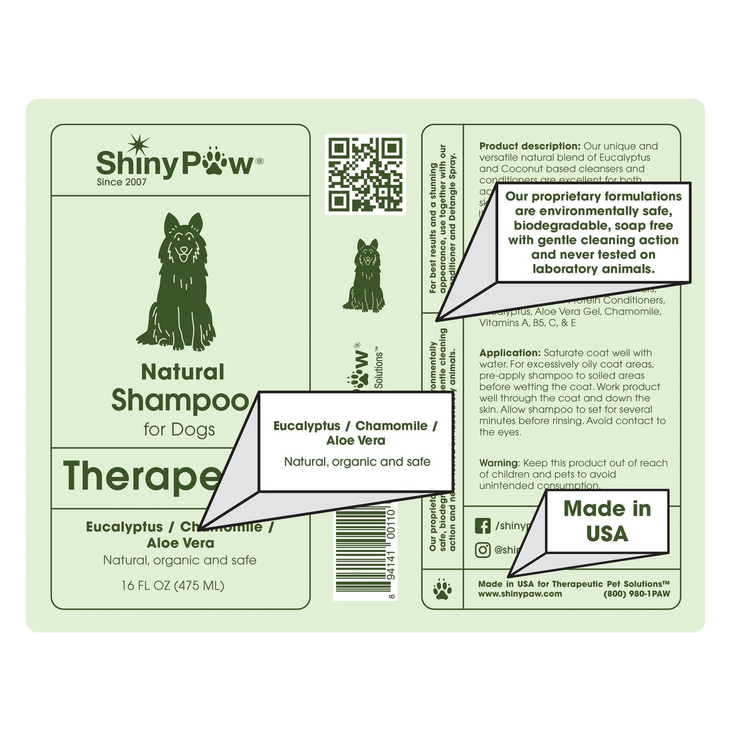 Shiny Paw Dog Shampoo Itchy Skin Relief 16 oz | Hypoallergenic Dog Wash | Eucalyptus, Chamomile & Aloe Vera | Dog Shampoo Sensitive Skin & Smelly Dogs | Made in USA
