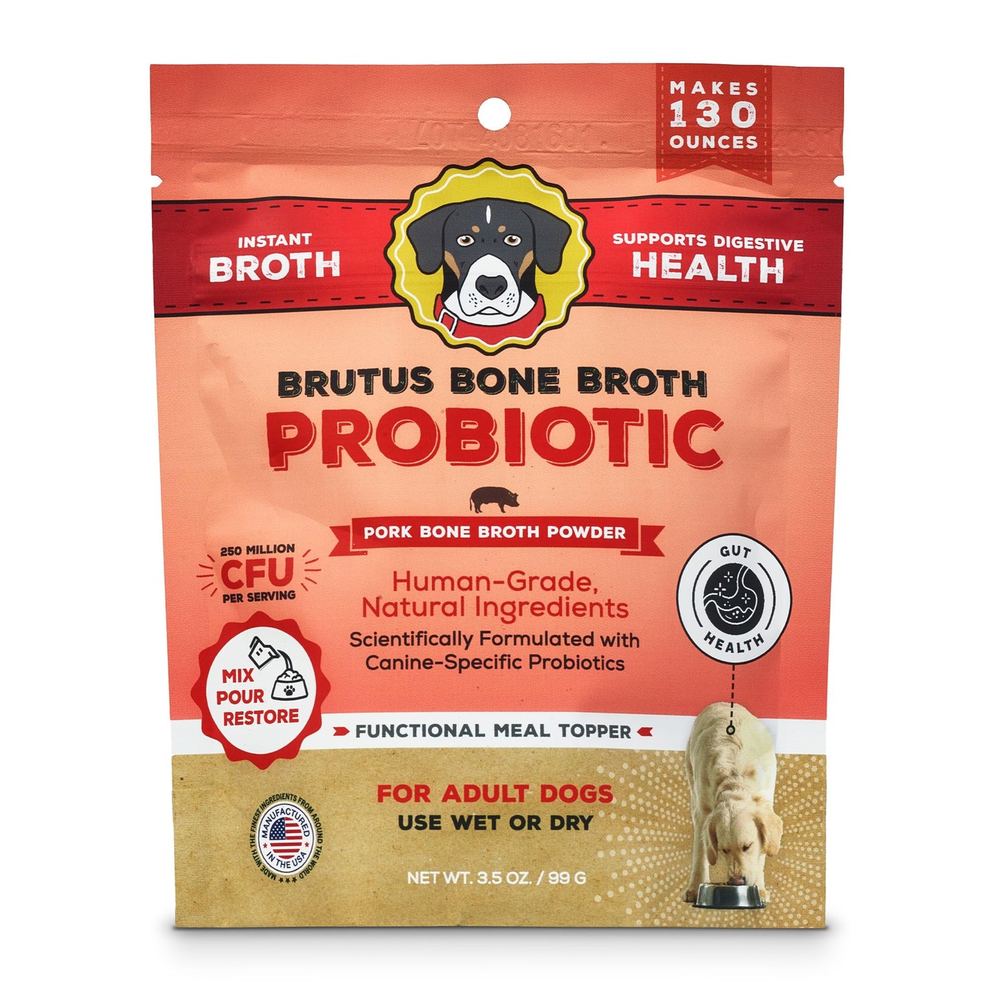 Brutus Bone Broth Probiotic Meal Toppers for Dogs Mega Pack (Pork) - Bone Broth Powder Fortified with Canine Probiotics - Dog Food Toppers for Dry Food - Makes 130oz of Liquid Bone Broth