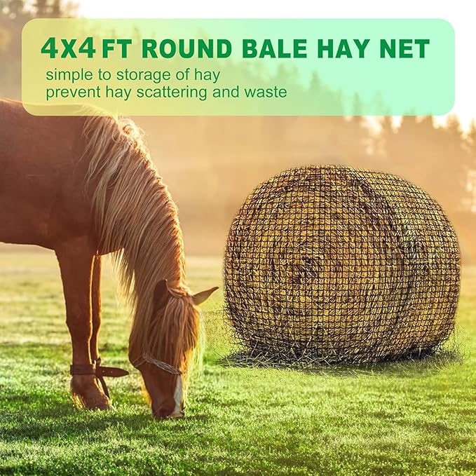 Tongmo 4x4 ft Round Bale Hay Net for Horses & Livestock - Slow Feeder Hay Nets with 2 inches Hole