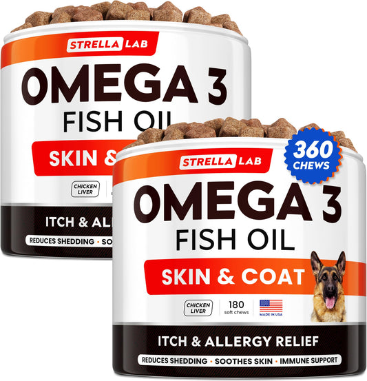 STRELLALAB Omega 3 for Dogs - (360Ct) Fish Oil Treats - Allergy & Itch Relief Skin&Coat Supplement - Dry Itchy Skin, Shedding, Hot Spots Treatment, Anti Itch - Pet Salmon Oil Chews - Chicken Liver