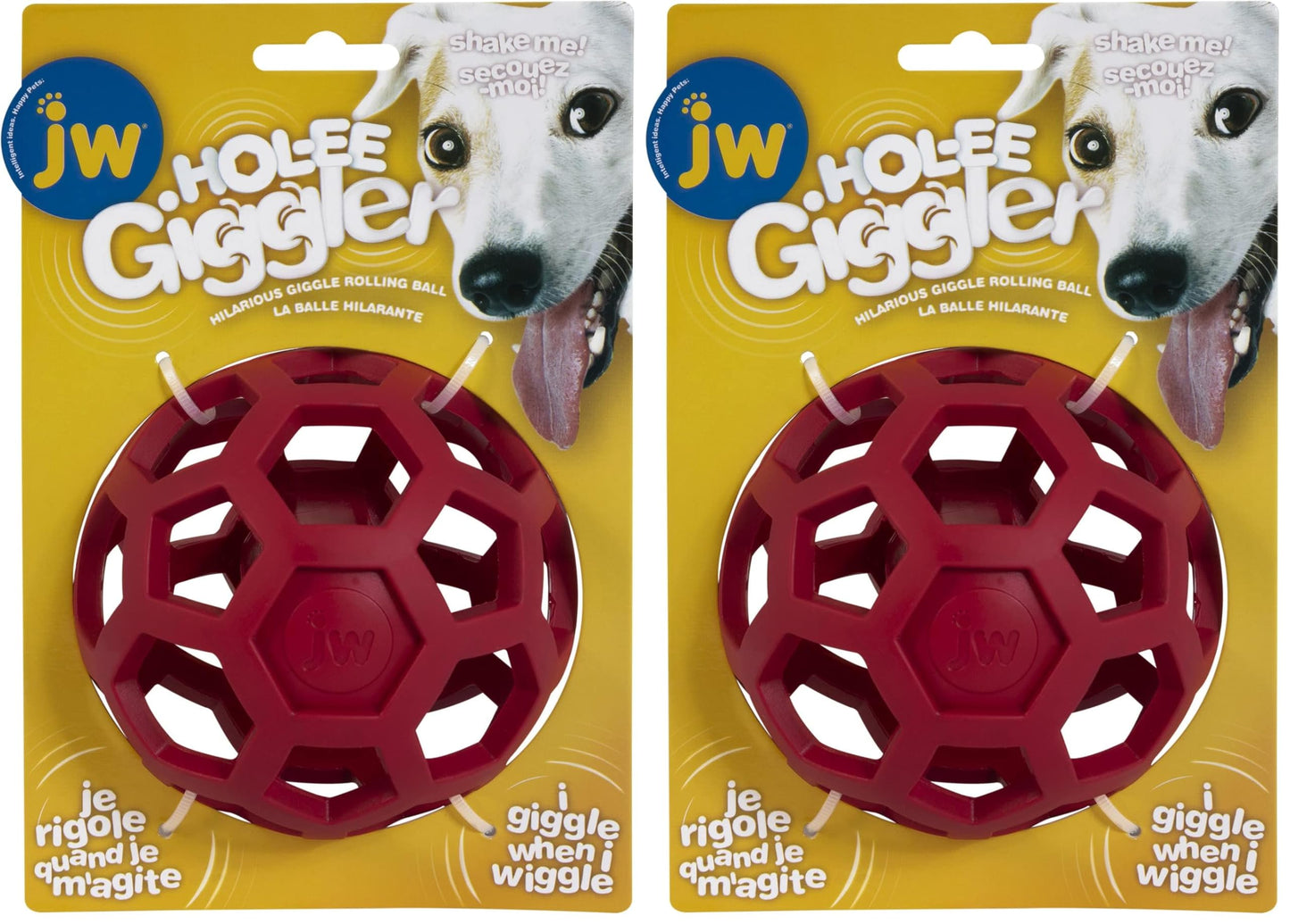 JW Pet HOL-ee Giggler Dog Toy Puzzle Ball, Natural Rubber, Medium (4.5 Inch Diameter), Red (Pack of 2)