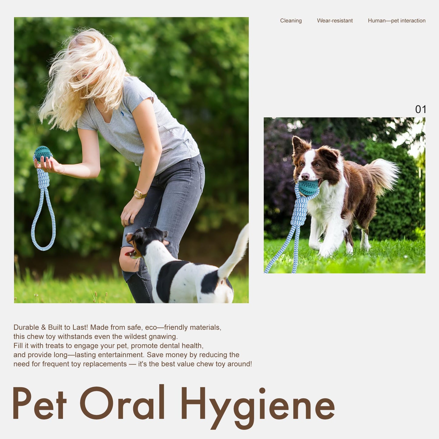 Mira's Pocket Indestructible Chew Toy for Aggressive Chewers - Durable Rubber Dog Teething Ball with Rope, Boredom Relief Puppy Toys (Blue, Small)