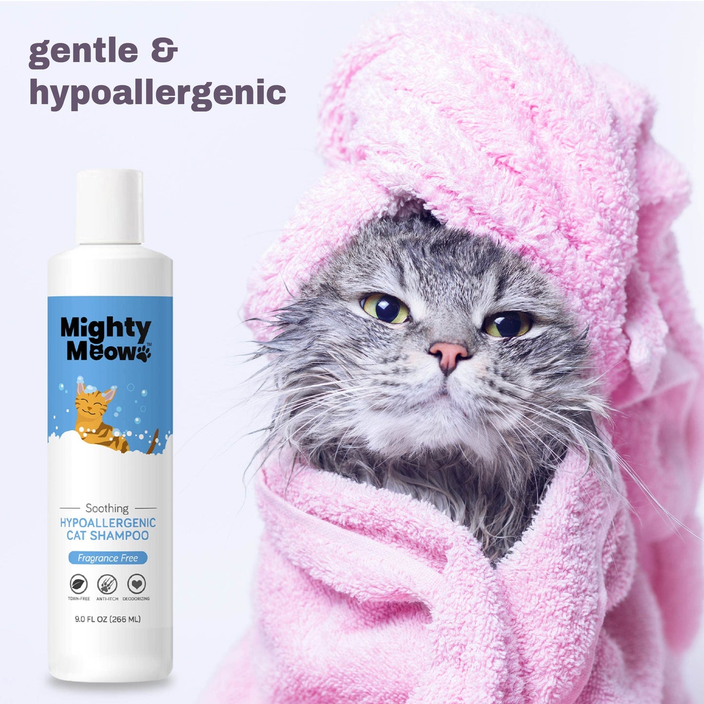 Mighty Meow Soothing Hypoallergenic Cat Shampoo – Easy at-Home Cat Grooming | Deodorizes | Gentle & Anti-Itch | Natural & Allergy-Safe Cat Shampoo Sensitive Skin – Fragrance Free | 9 fl oz