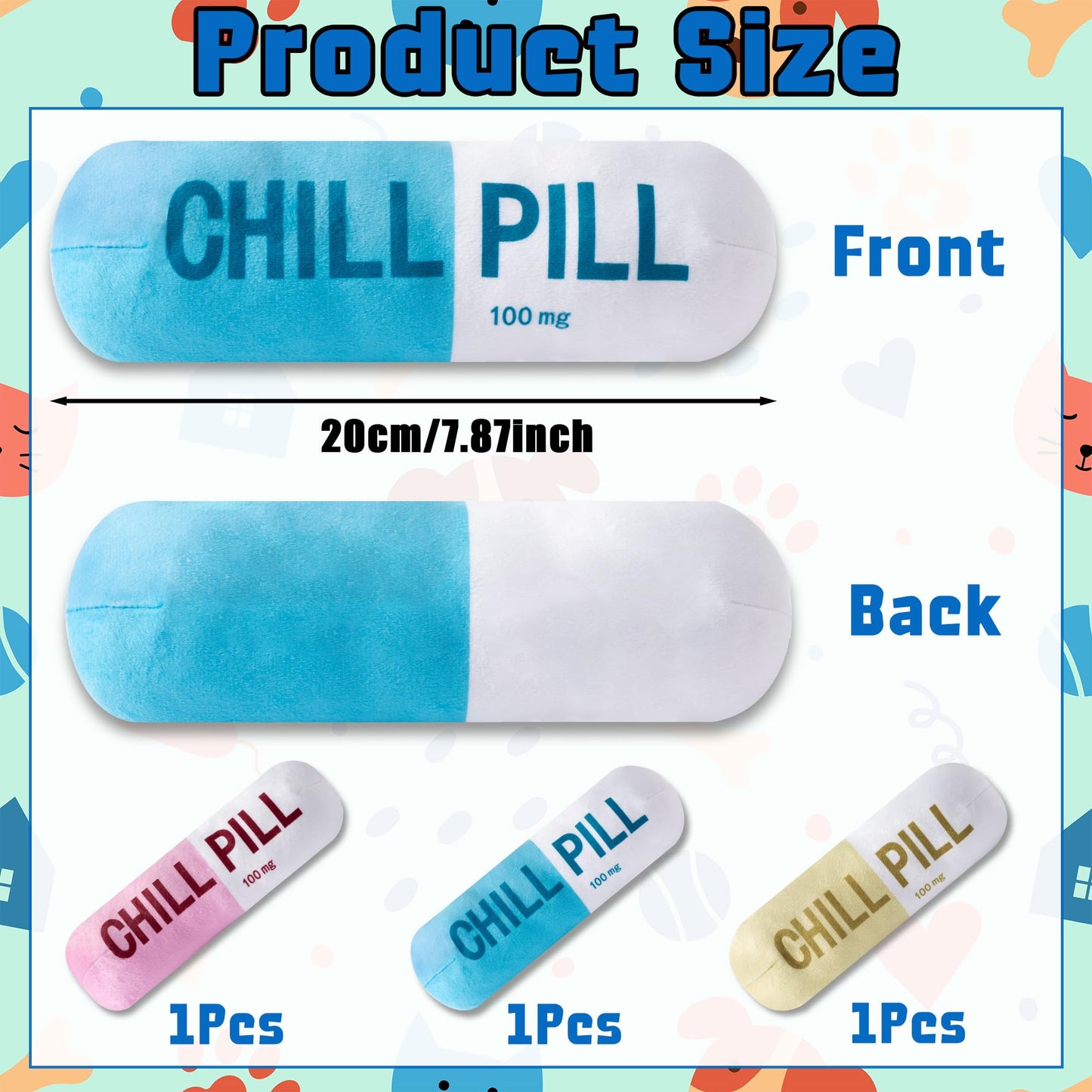 CUweipeng Squeaky Dog Chew Toys - 3Pcs Chill Pill Capsule Teething Squeak Small Plush Dog Toy Keep Them Busy Aggressive Chewers Bite Kick Interactive Training Play Pet Lover Gifts Present Photo Props