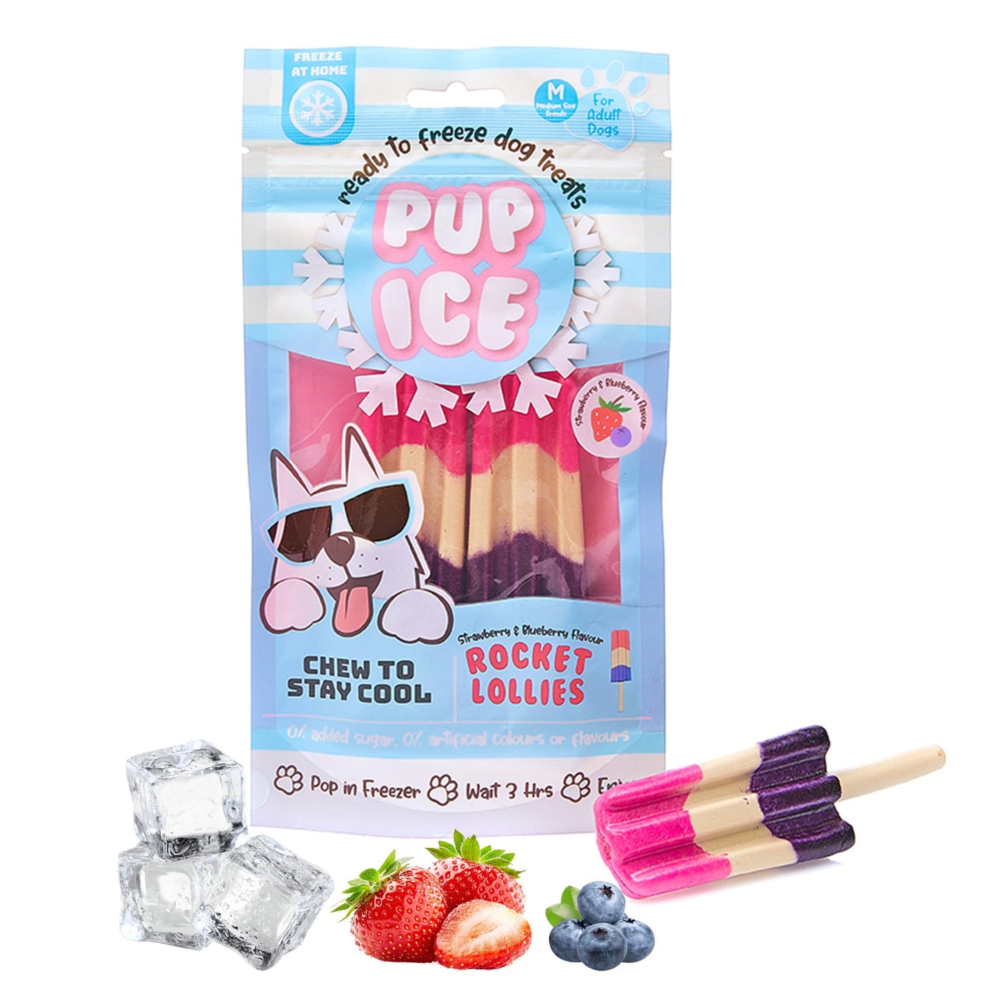 SPOT Pup Ice- Ready to Freeze at Home Dog Treats-Edible Chews for Medium Breed Dogs & Puppies with Real Chicken to Keep Your Pup Cool Year Round, Rocket Lollies Strawberry & Blueberry Flavor, 2pcs