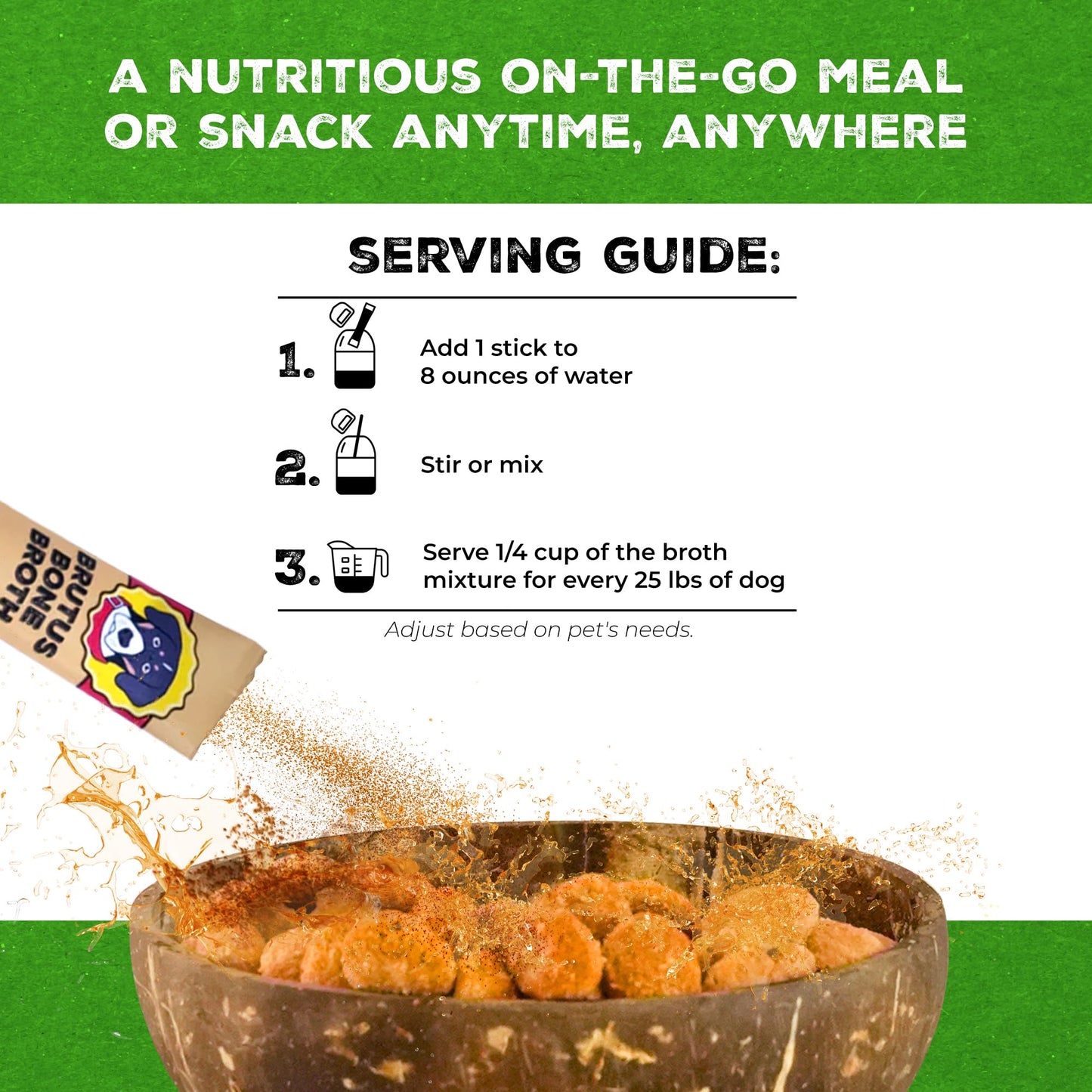 Brutus Bone Broth for Dogs - Bone Broth Powder with Chondroitin Glucosamine & Turmeric - Human Grade Food Toppers for Dry Food & Picky Eaters - 5 Stick (Chicken)