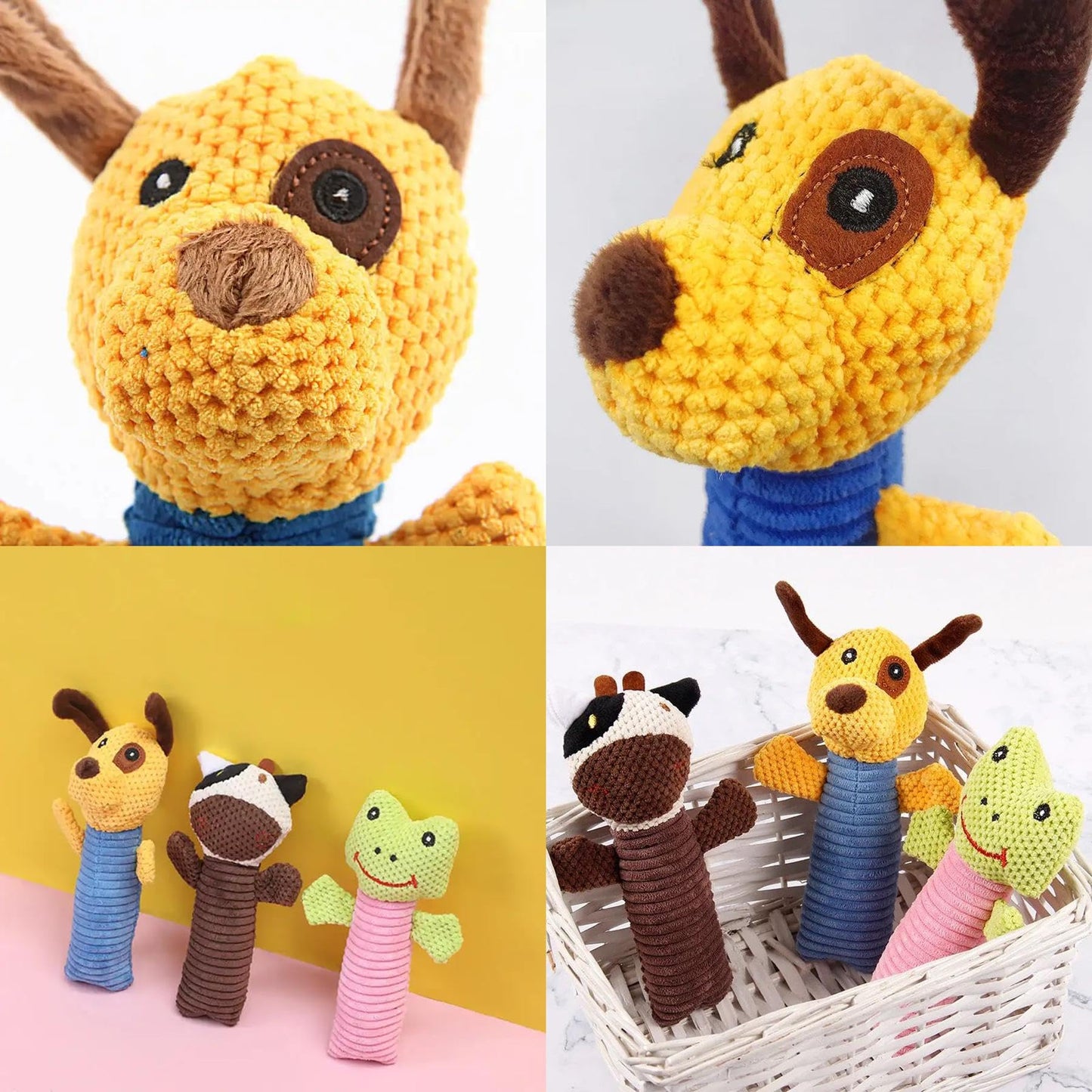 3 Piece Dog Toy Set — Stuffed Animals Chew Toy, Pet Squeakers Toys for Dogs — Durable Puppy Plush Toy Medium, Small Breed Outdoor, Indoor Chewers Squeaky Toys for Puppies — Calf, Frog, Puppy