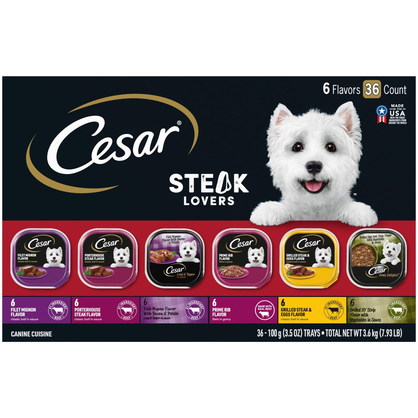 Cesar Wet Dog Food Steak Lovers Variety Pack with Real Meat, 3.5 oz. Trays (36 Count, Pack of 1)