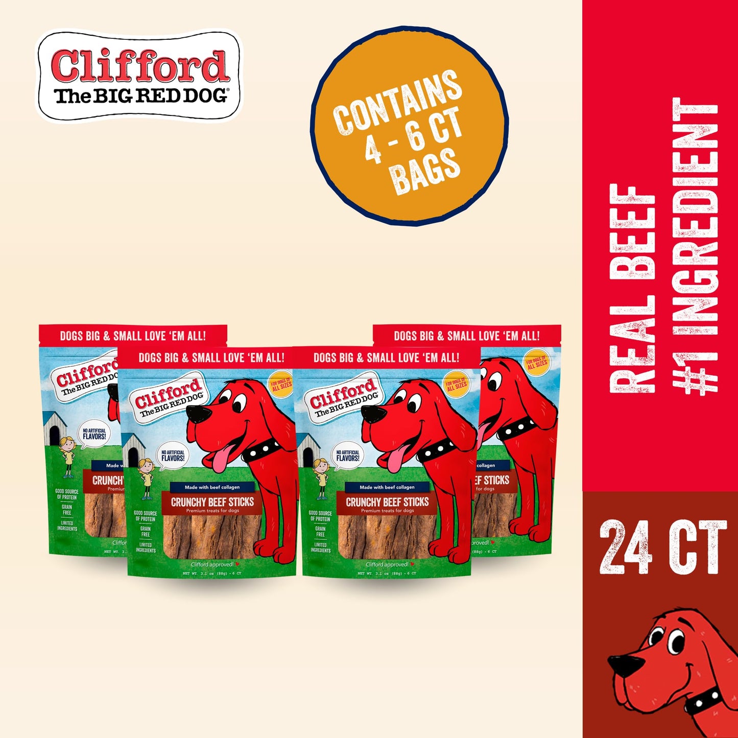 Clifford The Big Red Dog Soft Training Treats for Puppies and Dogs – Healthy, High Protein, Grain Free, Soft Puppy Treats for Small Dogs and Large – Real Crunchy Beef Sticks – 24ct