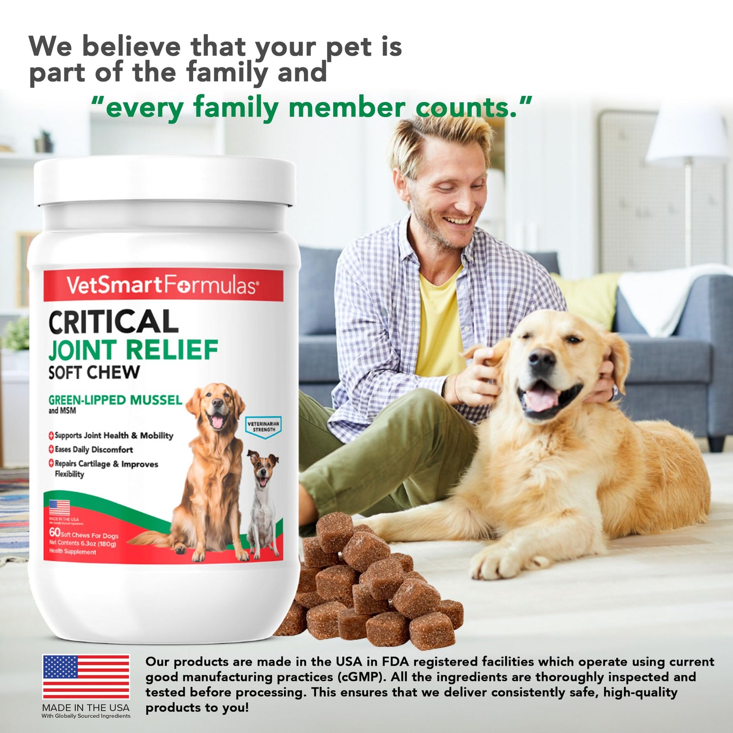 VetSmart Formulas Critical Joint Relief Soft Chew for Dogs – Hip & Joint Supplement with Glucosamine, MSM, Green-Lipped Mussel – Joint Discomfort, Hip Dysplasia & Mobility Support, Made in USA
