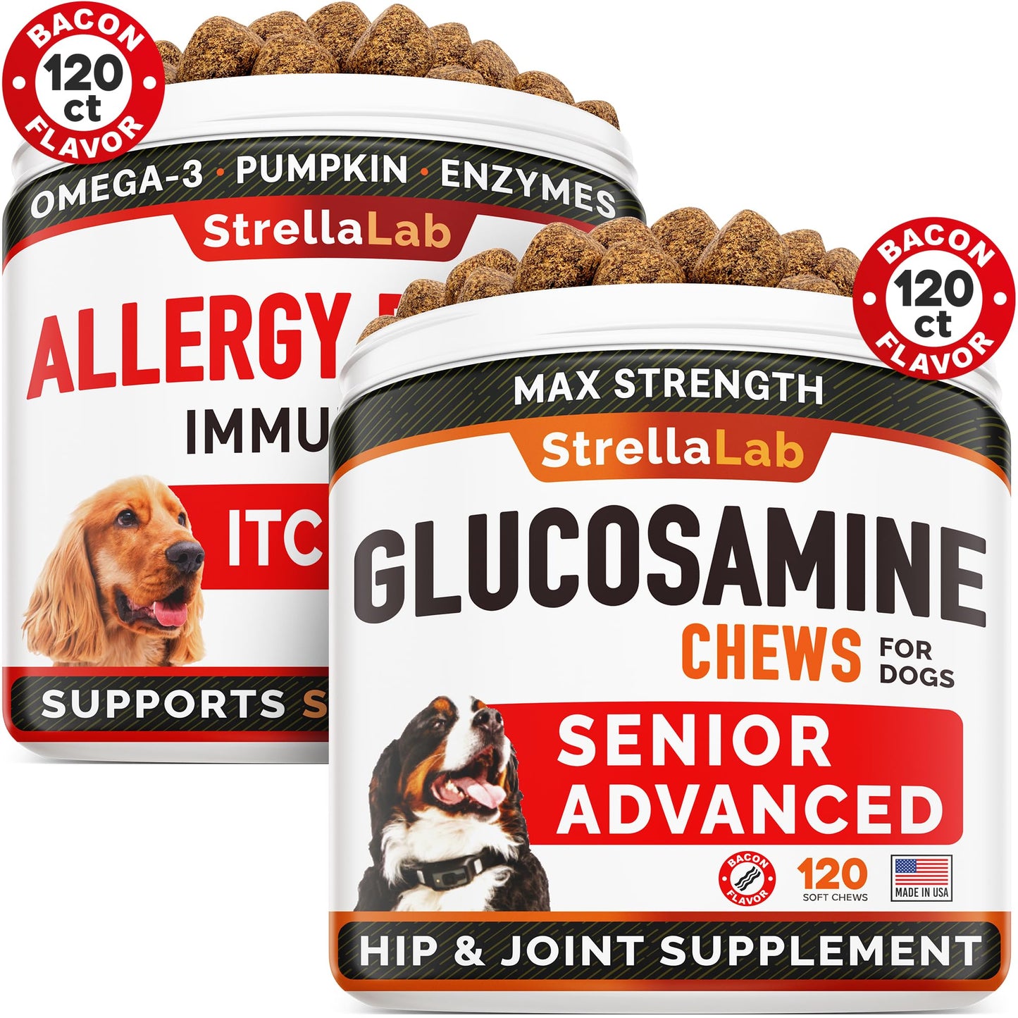 Allergy Relief + Advanced Glucosamine for Dogs Bundle - Itchy Skin Treatment + Hip & Joint Pain Relief - Omega 3 & Pumpkin + Chondroitin, MSM - Allergy Supplement, Hotspot Relief - 240ct - Made in USA