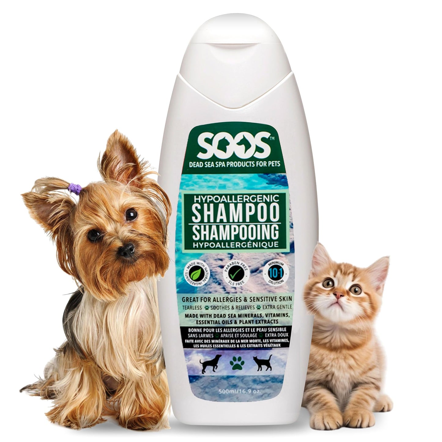 Soos Pet Dog Shampoo for Cats and Pets Hypoaller-genic Natural Dead Sea Minerals Fast Absorbing with Vitamins Essential Oils Natural Elements Antiba-cterial - 1x Pet Shampoo (500ml)