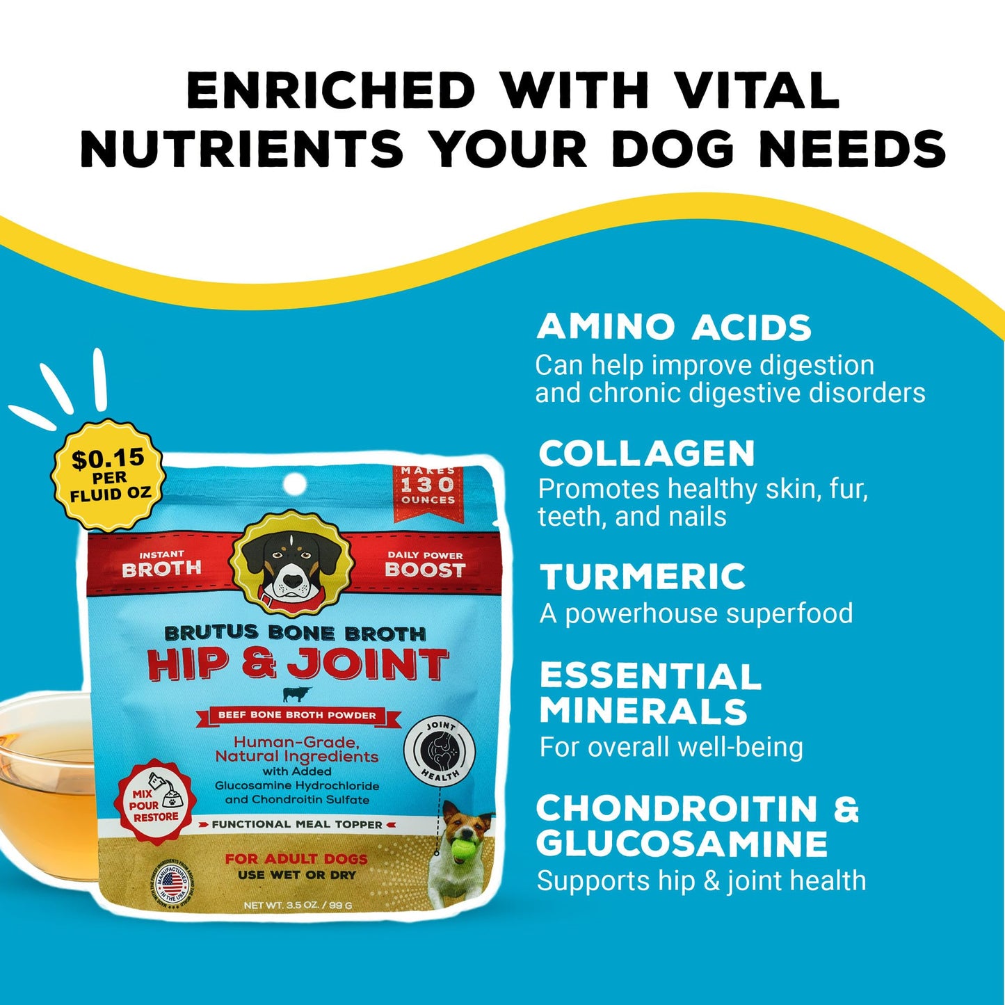 Brutus Bone Broth for Dogs Mega Pack (Beef) - All Natural Beef Broth Powder for Dogs - Toppers for Dry Food - Makes 130oz of Liquid Bone Broth