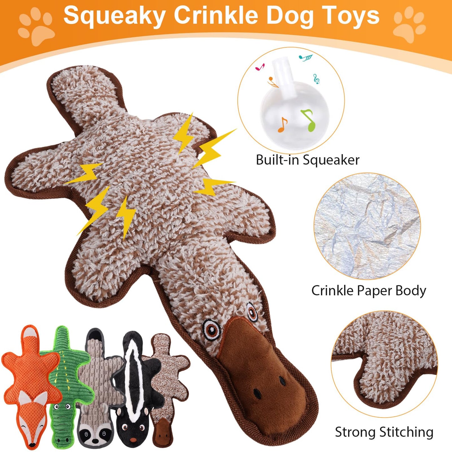5 Pack No Stuffing Squeaky Dog Toys for Aggressive Chewers - Interactive Durable Plush Chew Toy with Crinkle Paper, Safe Pet Toy for Small to Large Breed, Ideal for Puppy Gifts & Tug of War Toys