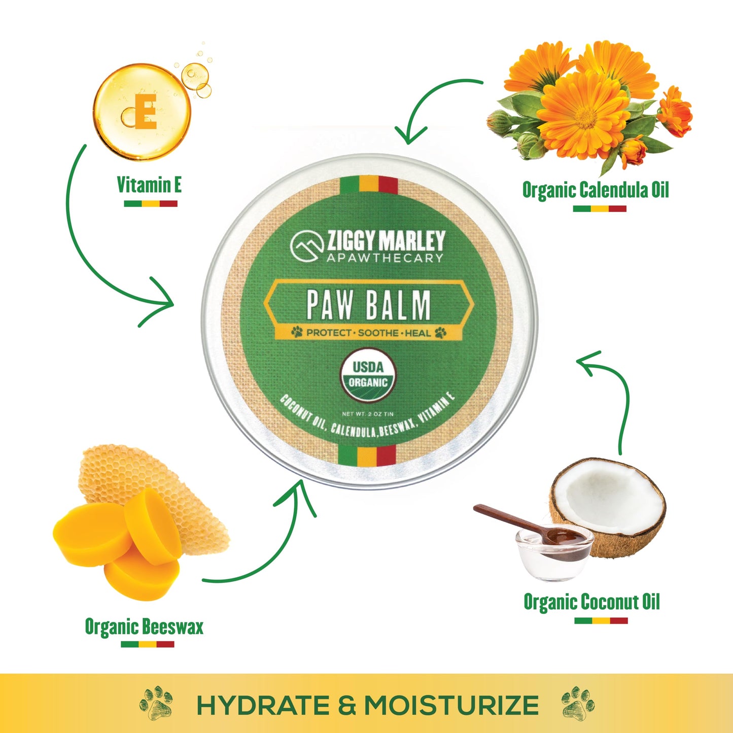 ZMA PETS Ziggy Marley's Paw Balm for Dogs – USDA Organic Topical Protect, Soothe, and Heal Dry Cracked Paw Pads – Made with Coconut Oil, Calendula, Beeswax, and Vitamin E- 2 oz