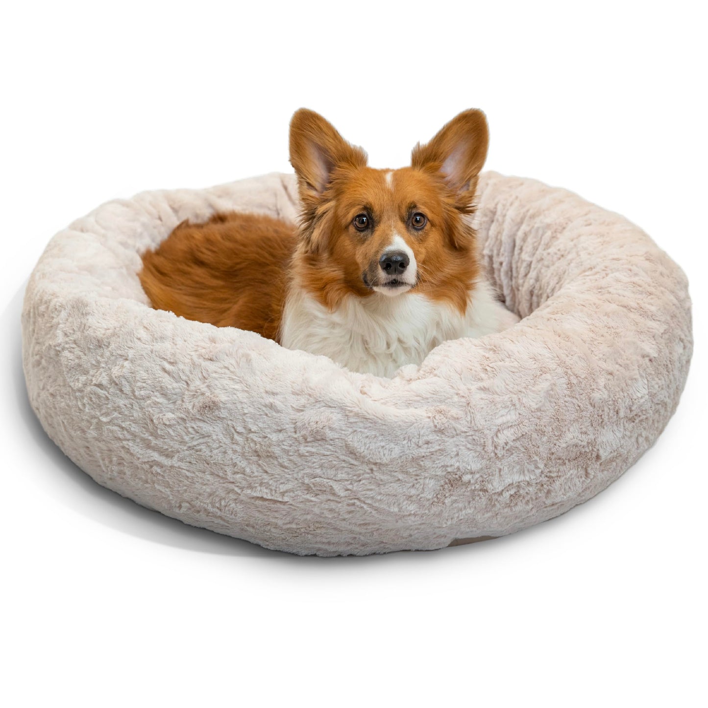 Best Friends by Sheri Original Calming Donut Dog and Cat Bed, Lux Faux Fur, Oyster, (30in x 30in) - Anxiety Relief for Pets Up to 45 lbs