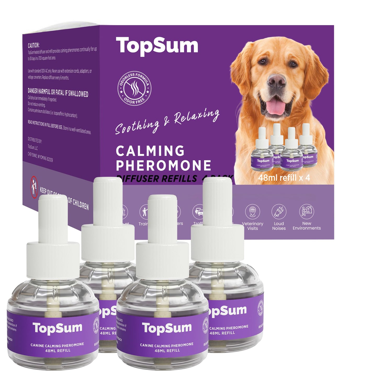 TopSum Dog Calming Diffuser Refills: 4 Pack Dog Pheromones Calming Diffuser Refills - Dog Appeasing Pheromone - Pheromones for Dogs - Calming Pheromones for Dogs, 4 Pack (Dark Purple)