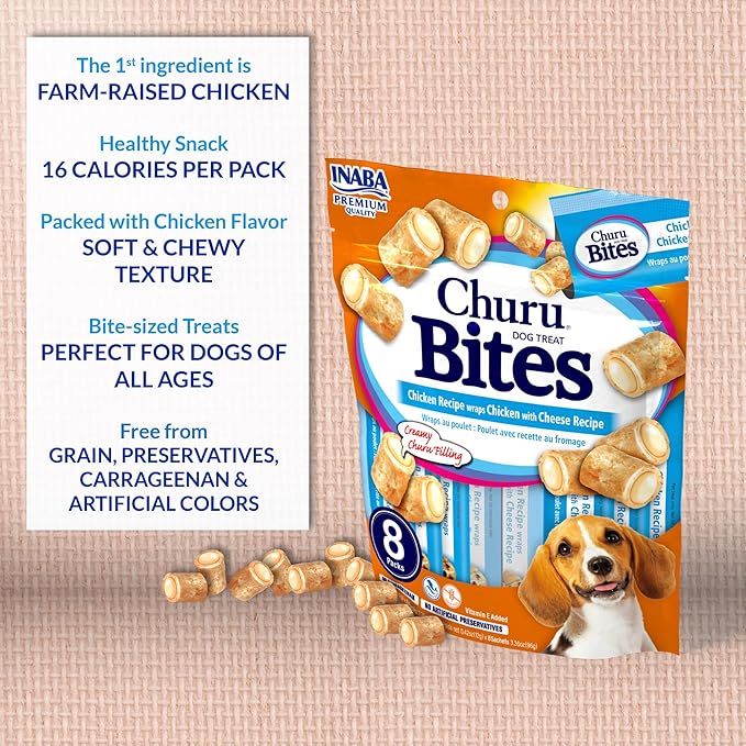 INABA Churu Bites for Dogs, Soft & Chewy Dog Treats, 0.42 Ounces Each Tube, 64 Tubes Total (8 Tubes per Pack), Chicken with Salmon Recipe